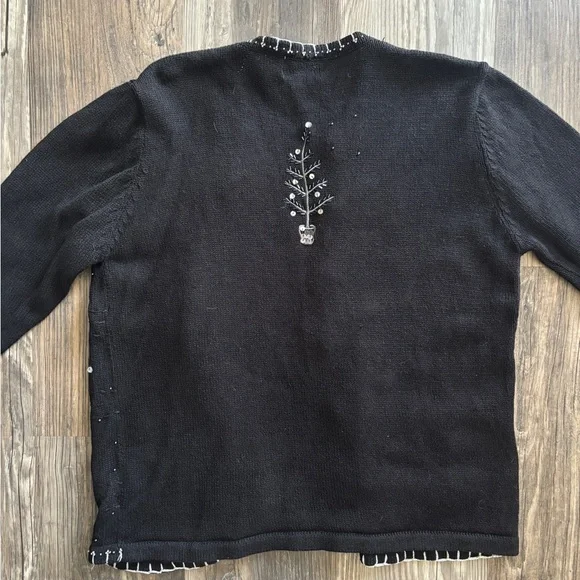 Vintage Basic Editions Holiday Black Cardigan with Silver Tree Embellishments - Picture 4 of 5